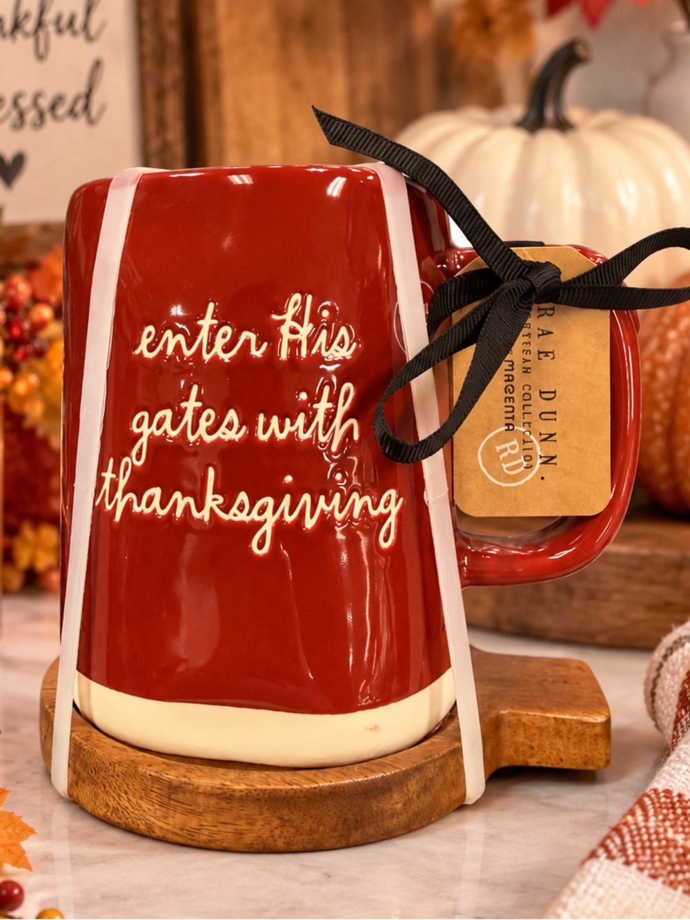 Rae Dunn Artisan Collection Thanksgiving Mug & Wood Coaster Set
